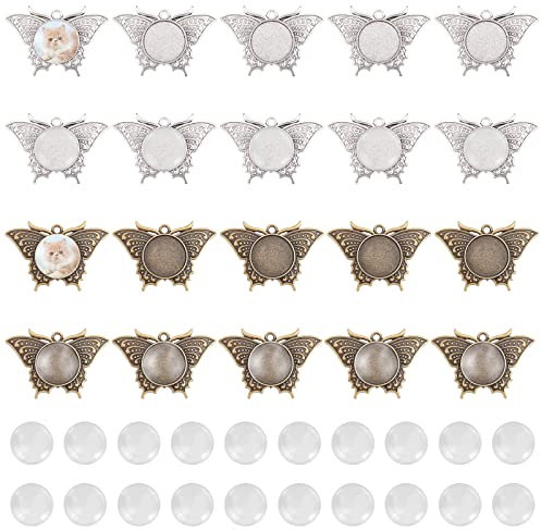 PandaHall 40pcs Schmetterling Leere Lünette Anhänger Tabletts Set, 20 Stück Tier Charm Basis Und 20 Stück Glas Cabochon Dome Fliesen Für Hochzeitsstrauß Foto DIY Braut Charm, Bronze & Silber