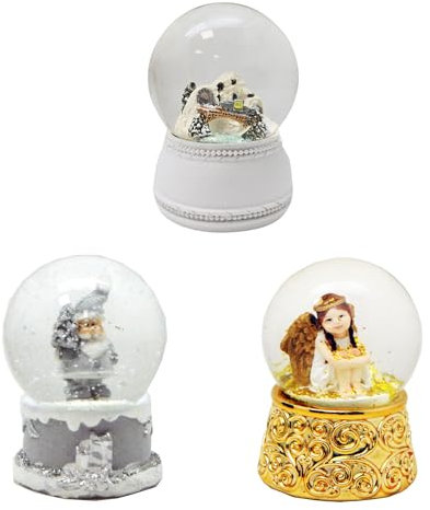 3er Set süße Mini-Schneekugeln Winter und Weihnacht mit weiß und Gold Sockel, Durchmesser 45mm mit Luftblase * 2-115-181-264c