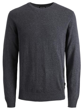 JACK & JONES Herren Dünner Langarm Strickpullover | Rundhals Basic Sweater | Shirt Jumper JJEEMIL, Farben:Dunkelgrau, Größe Pullover:S