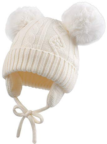 XIAOHAWANG Baby Mädchen Mütze Strickmütze Winter Hut Warme Wintermütze Doppelpompon für Unisex Baby (6-24 Monate, Weiß)