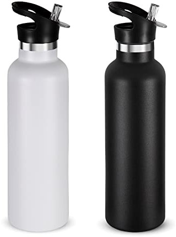 Neihepal 24oz Insulated Water Bottles Bulk 2 Pack,Stainless Steel Double Wall Sport Bottle with Straw Lid,Metal Reusable Thermoses Cup with Hand Cap for Cyclists,Hikers (Mix Color,Set of Set of 2)