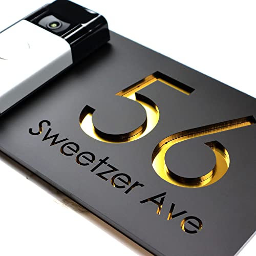 K Smart Sign | Bellissima Video Doorbell house sign for Nest Ring Wifi door bell | Matt Black - Gold Mirror | Contemporary | 300mm x 160mm