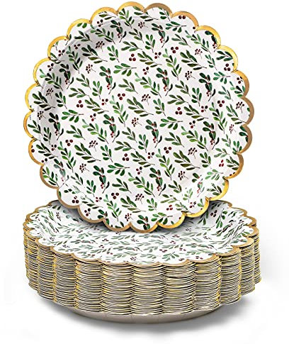 Confettiville Platos de papel de Navidad, 50 unidades, suministros desechables para fiestas de Navidad, acebo, borde festoneado de lámina dorada, 9 pulgadas