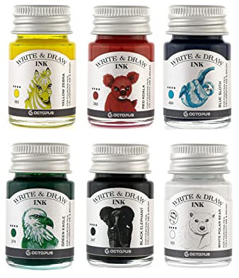 Octopus Write and Draw Ink Set BASIC BRIGHT, wasserfeste Tinte zum Schreiben und Zeichnen, Kalligraphietinte, Zeichentusche für Füllhalter, 6x10 ml