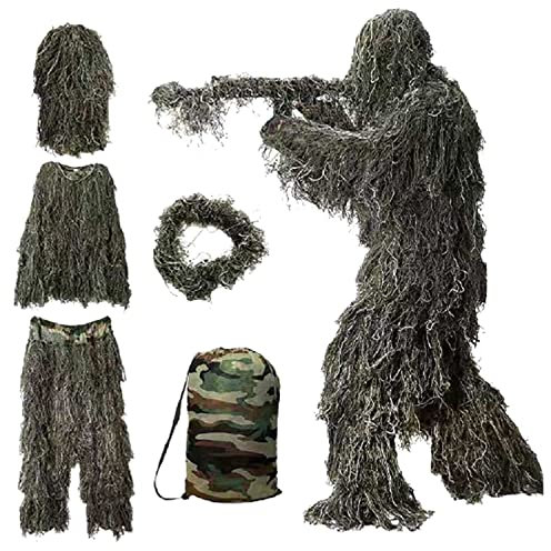 MAKIVI Traje Ghillie 5 en 1, camuflaje 3D, ropa de caza al libre, incluyendo chaqueta, pantalones, capucha, bolsa de transporte para adultos, niños y jóvenes