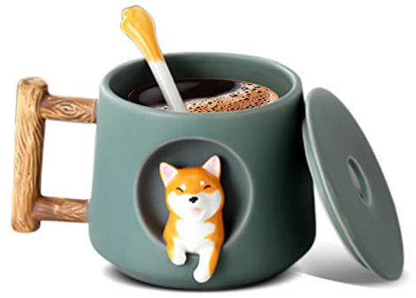 Nizirioo Tasse à Café Shiba Inu 420 ml en Céramique avec Couvercle et Cuillère - Tasse à Thé pour les Amoureux des Chiens