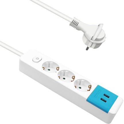 EXTRASTAR Regleta Enchufe con 3 Tomas y 2 Puertos de USB, Alargador Enchufe con Interruptor, 1.5 m, para El Hogar, La Oficina y Los Viajes, 3680W, 3G*1.0mm², 1pc