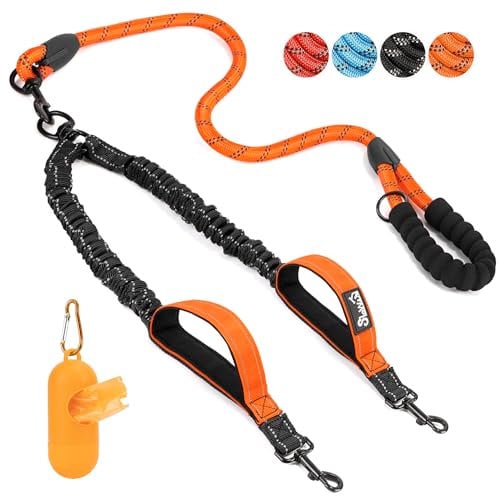 Eyein Doppelleine für 2 Hunde, 360° drehbare verwicklungsfreie Reflektierend Hundeleine mit 3 gepolsterten Griffen, Stoßdämpfendes Gehen Training für kleine mittelgroße Hund von 11 bis 68 kg, Orange