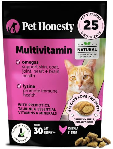 Cat Multivitamin Crunchy & Creamy Chews - Cat Treats for Health + Immune, Joint Support, Skin & Coat, & Digestion - Vitamins with Omega 3s, Lysine & Probiotics (30 Day Supply)