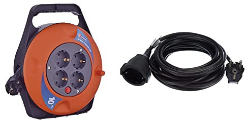 EMOS P19510 Mini-Kabeltrommel 10m / 4-Fach Kabelbox/Kabelrolle/Leitungsroller für den Innenbereich, 2300 W, 230 V & REV 0016050514 Verlängerung, Verlängerungskabel mit Winkelstecker 5m, 3680W, schwarz