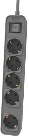 Philips CHP2154G - Ciabatta a 5 prese, cavo da 1,5 metri, interruttore principale, chiusura di sicurezza automatica, indicatore LED di alimentazione, colore grigio