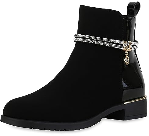 VAN HILL Damen Klassische Stiefeletten Blockabsatz Strass Trendy Schuhe 840507 213002 Schwarz Lack 40