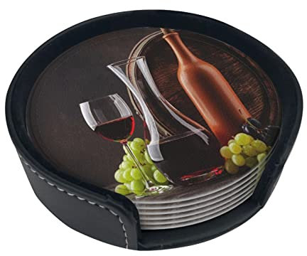 Round Coaster Wine Bottle Decanter Leather Car Coasters 6 Pcs Insulated Drink Coaster, Cup Mats For Car Living Room Kitchen Office