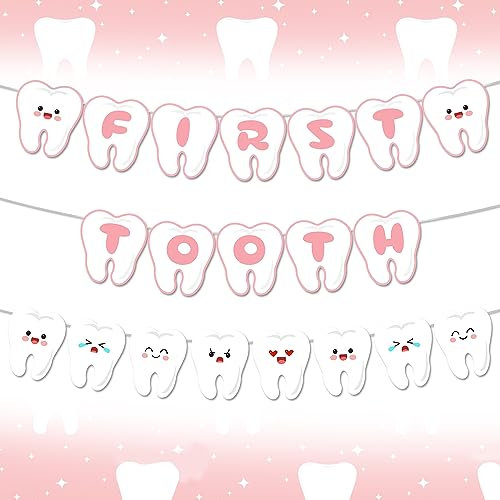 Rosa Erster Zahn Banner, Zahn Party Banner, 2 Stück, First Tooth Erster Zahn Girlande Party Dekorationen für Mädchen Babyparty Geburtstag Party Dekoration 