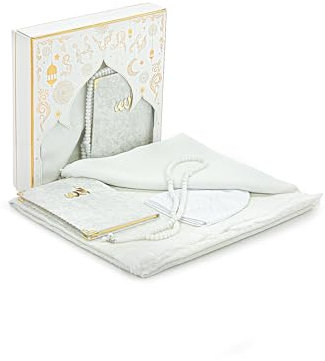 ihvan online Gebetsgeschenk Set für Männer & Frauen, Muslimischer Gebetsteppich, Perlen Taasbih, Yaseen Buch, Kufi-Hut, Hijab Kopftuch, Islamisches Geschenkset für Ramadan & Eid & Mitgift