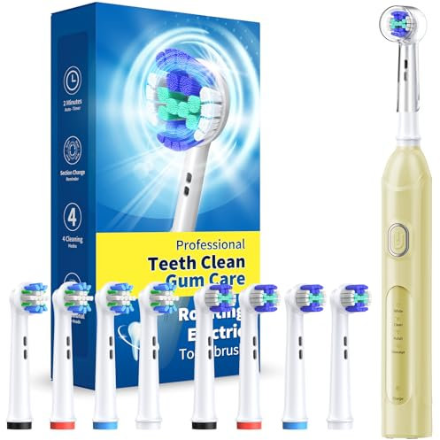 Brosse à dents électrique rotative pour adultes avec 8 têtes de brosse (2 types), puissance rechargeable et 2 minutes de temps intelligent, 4 modes de nettoyage (jaune d'œuf)