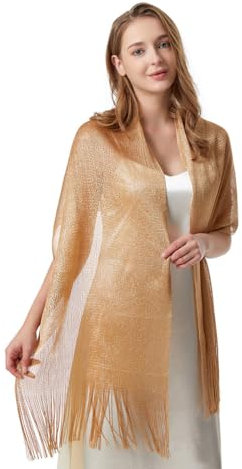 LEEQ dünner Schal Damen - Vintage Stola, Metallisch Schimmernde Schals und Wickeltücher mit Schalclip für Hochzeit, Abend, Partykleid(Gold)