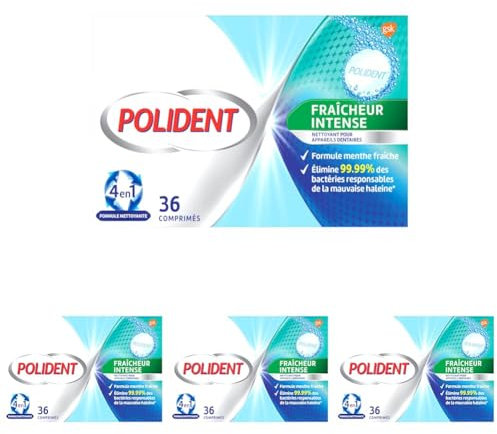 Polident Nettoyant Quotidien, Pour Prothèses Dentaires Partielles ou Complètes,Fraîcheur Intense, 36 Comprimés (Lot de 4)