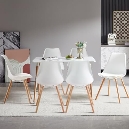 FURNITABLE Esszimmergruppe mit 6 Stühlen, Rechteckig Küchentisch-Set Essgruppe für Küche Esszimmer und Wohnzimmer (Weiß Tisch+6 Weiß Esszimmerstühle)