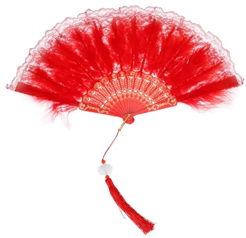Sourcing Map Feather Hand Fan Red Vintage Folding Fan with Tassels, 43x23cm, 1 Pcs, Wool, Plastic, Halloween, Birthday, Wedding