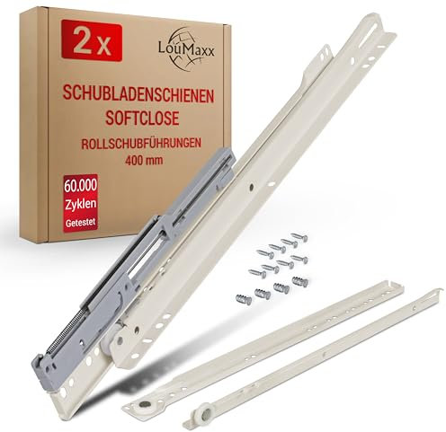 LouMaxx Schubladenschienen 400 mm selbstschließend mit Dämpfer - 2er Set (1 Paar) Rollschubführungen - Schubladen Auszugsschienen Softclose - Leichtgängiger Rollenauszug in weiß