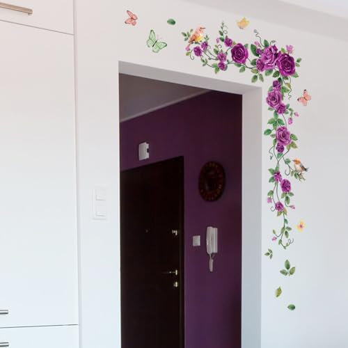 Winhappyhome Purple Rose Flower Vine Butterfly Birds Wall Stickers TV Wall Door Frame Wardrobe Decorative Stickers