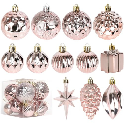 Joollurm Rose Gold Christmas Baubles, 12pc Shatterproof Baubles Christmas Tree Decorations, Festive Hanging Ornaments for Decorating Trees, Parties, and Holiday Celebrations