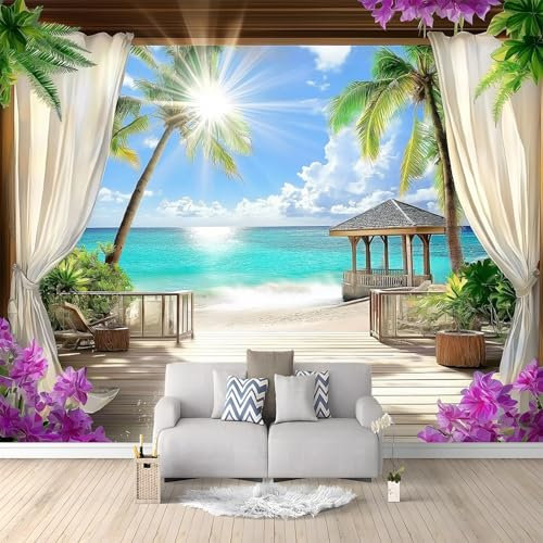Fototapete Natur Meerblick Terrasse, 300x210 cm Vlies Tapete 3D Effekt Moderne Wandtapete Dekoration, für Wohnzimmer Schlafzimmer TV-Hintergrund Wanddeko Wallpaper
