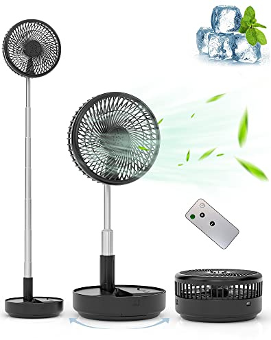 Primevolve Ventilador Portátil Oscilante de Pie, Ventilador Recargable Operado por Batería USB para Piso, Mesa y Escritorio con Control Remoto, Ventilador para Dormitorio, Camping y Viaje en Negro