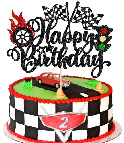 Cars Tortendeko, Happy Birthday Rennwagen Cake Topper, Rennwagen Cake Topper, Cake Topper Geburtstag, Car Cake Toppe, Rennwagen Kuchen Deko, für Racing Car Checkered Flag Motto, Geburtstag Party