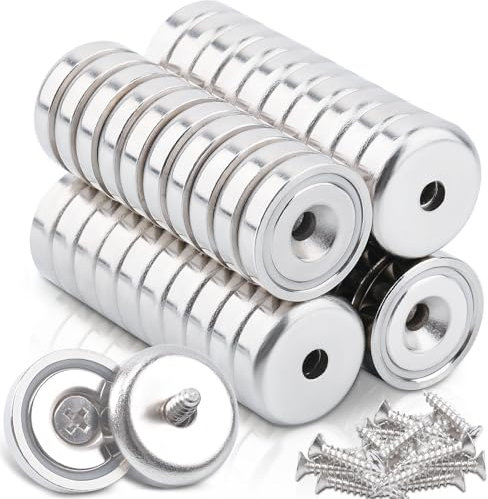 FPMYB 40 imanes de neodimio extrafuertes, 10 kg, fuerza 20 x 7 mm, con agujero y cápsula, imán de cabeza avellanada con tornillos y cojín de acero, imanes fuertes para cocinas, baños, escuelas,