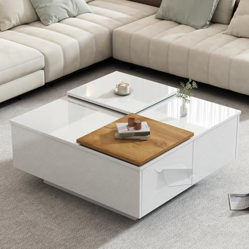 BTM Table Basse Carrée, Table Basse Moderne avec 2 Tiroirs, Table d’Appoint Blanche avec Plateau Coulissant, Conception de Couleur Cousue, Charge de 30kg, 75x75x33.5cm, Blanc et Brun