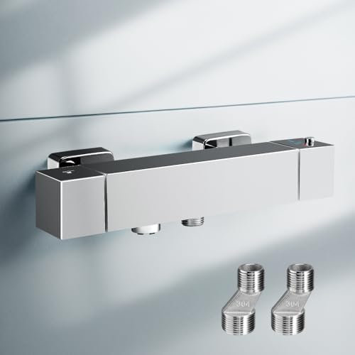 Square Thermostatic Shower Mixer Bar Two Outlet, Modern Chrome Wall Mounted Tap, Anti Scald, Solid Brass, Hot & Cold Water Mixer Constant Temperature Control for Bathroom