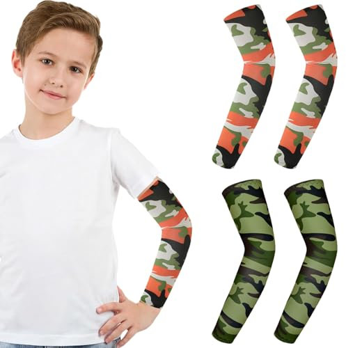 LUYANFX Volleyball Manchon Bras Enfants Basketball Manchettes Bras pour Enfants 2 Paires de Manchettes de Bras Taille L, Protection Solaire pour Course, Vélo, Skateboard (Vert + Camouflage)