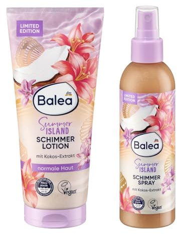 Körperlotion Schimmer Summer Island, 200 ml + Bodyspray Schimmer Summer Island, 200 g + Weiche Silikon-Gesichtsreinigungsbürsten
