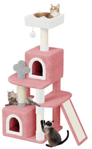 Dogat Large Cat Tree, 52 inch Tall Cat Climbing Tower Cratching Posts with Dangling Ball, Condos & Ladder, Cute Multilevel Climbing House with Sisal Scratching Post & Cat Bed for Indoor (Pink)