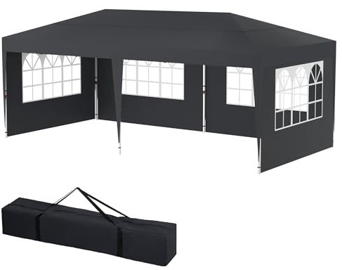 FIVMEN Tonnelle pliante 3 x 6 m avec panneaux latéraux et fenêtres et sac de transport - Tente pliante en polyester - Protection UV - Tente de fête - Imperméable - Coupe-vent - Type E (anthracite)