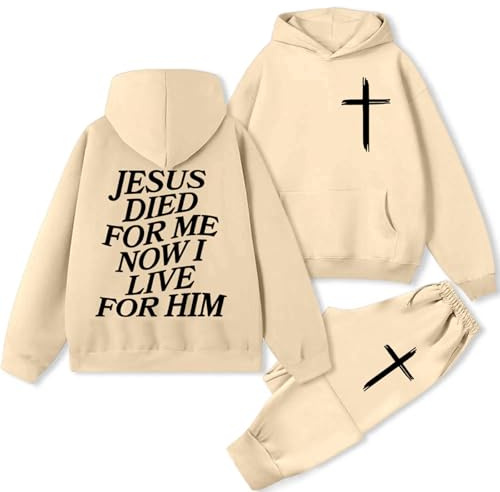 Trainingsanzug für Damen, Unisex, Sport, lässig, Buchstaben-Druck, Kapuzen-Sweatshirt und Jogginghose, Set aus Sweatpants und Sweatshirt, zweiteiliges Outfit, 01# Beige, M