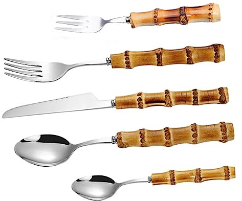 SOLUSTRE Couverts en acier inoxydable avec poignée en bambou - Pour cuisine - Coupe-couverts - Fourchette réutilisable - Couverts occidentaux durables - Ustensiles de cuisine - Couverts ménagers
