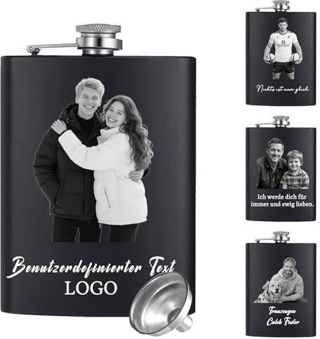 Personalisierter Flachmann mit Gravur, 237 ml, Edelstahl – Individuell graviert mit Fotos und Text – Vatertag, Weihnachten, Hochzeitsgeschenk – für Männer, Trauzeugen (Individuelle Fotos)