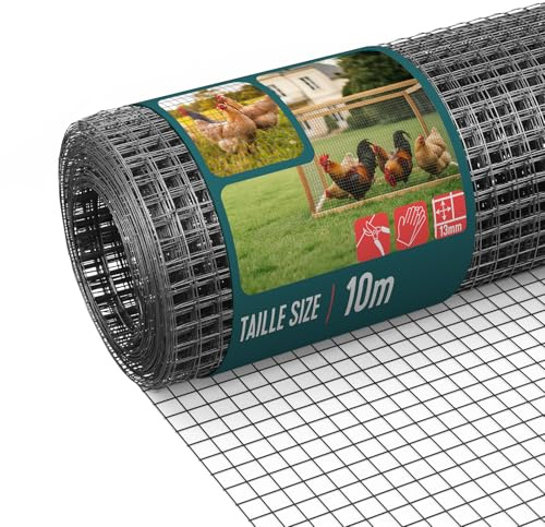VOUNOT® PVC Coated Welded Wire Mesh Roll 1 x 10m, 13mm Mesh, 0.8mm Wire Thickness, Metal Garden Fencing for Small Animals, Poultry, Chicken Coop, Grey