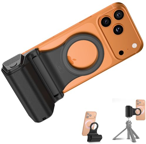 JJC DSLR-style Magnetic Phone Handgirp with Bluetooth Remote, Snap Grip Handle for iPhone 17 16 15 14 13 12 series & more Android, Verstile Desk Stand
