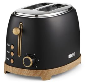 GEEPAS NordiQ 2 Slice Toaster | Matte Finish with Wood Accents | 6 Browning Levels Defrost Reheat & Cancel | High Lift Removable Crumb Tray Cool Touch Cord Storage | 2 Year Warranty 850W Black