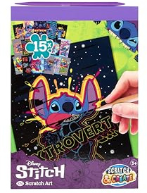 Disney Stitch Scratch Pictures Book A5 for Children Scratch Art Craft Book with 15 Motifs in A5 Format Includes Wooden Scratch Pen Rainbow Colour Effect Creative Set from 3 Years