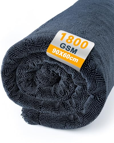 Huglux Auto Trockentuch XXL 90x60cm,Ultra Saugstarke Mikrofasertücher | 1800GSM Fusselfreies Mikrofasertuch, Lackschonend Microfasertucher für Autopflege PKW SUV & Motorrad, Poliertuch Auto Grau