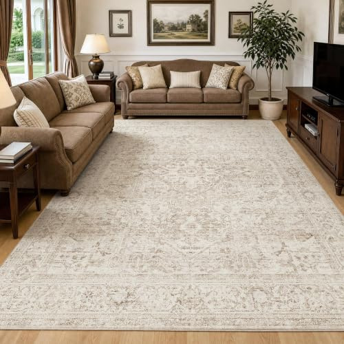 Beauoop Beige Teppich 200x300 cm Waschbar Vintage Wohnzimmer Schlafzimmer | Kurzflor Weich Rutschfest Groß Carpet Orientalischer Retro Esszimmer Büro Teppiche Gegend Area Rug for Living Room Bedroom