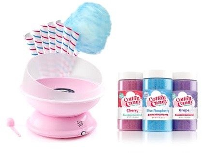 Cotton Candy Express CC1000-S Cotton Candy Machine, with 3 - 11oz. Jars of Cherry, Grape, Blue Raspberry, Orange, Pink Vanilla Floss Sugar & 50 Paper Cones Easy to Use and Clean