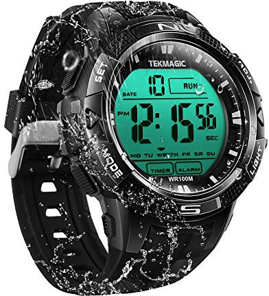 TEKMAGIC 10ATM Waterproof Sport Watch for Swimming Diving with Stopwatch, 12/24 Hour Format, Dual Time Zone, Alarm Functions (2019 Version)