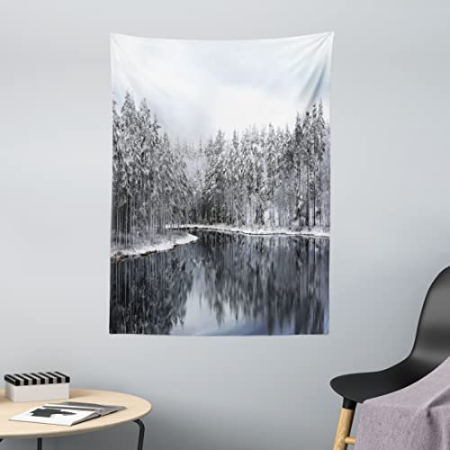 ABAKUHAUS Waldgebiet Wandteppich und Tagesdecke, Trees in Cold Day Lake, aus Weiches Mikrofaser Stoff Wand Dekoration Für Schlafzimmer, 110 x 150 cm, Weiß Braun