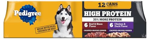 Pedigree High Protein Wet Dog Food, Adult Soft Canned Dog Food Variety Pack, Chicken Duck & Beef Bison Flavor, 13.2 oz. Cans, 12 Count